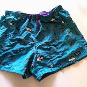 Patagonia Women's Baggies Teal Shorts Climbing pattern